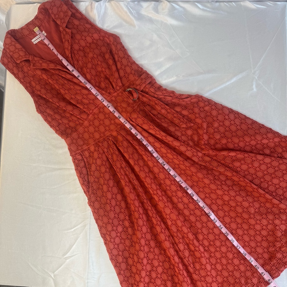 Anthropologie Elm Burnt Rust Orange Lacy Eyelet Sleeveless Collared Midi Dress - Picture 9 of 14